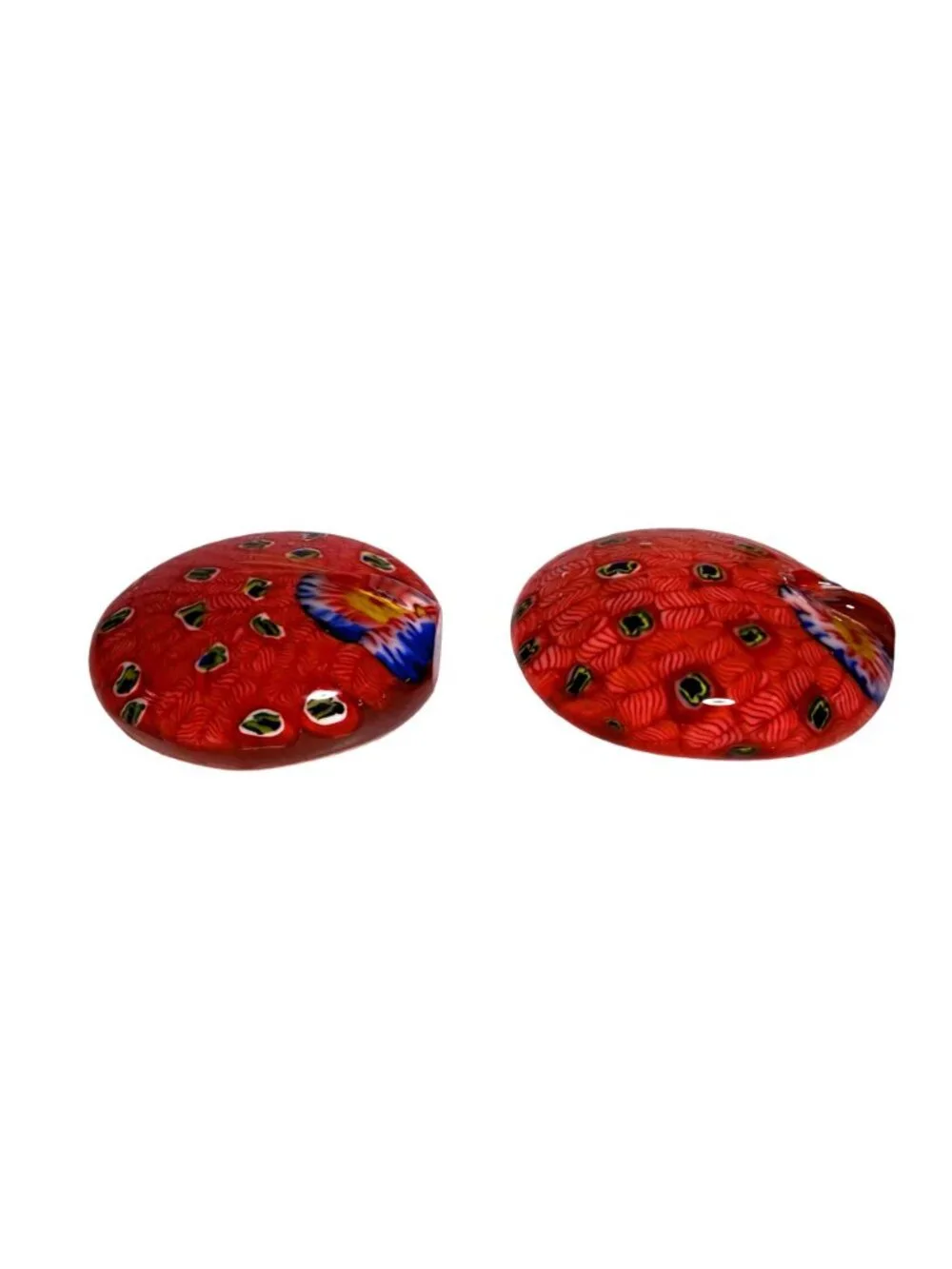 Art Glass Peacock Paperweights Red/White Multicolor Millefiori Design Set of 2